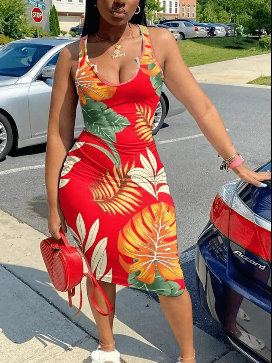 Sexy Plus Size Floral Print Bodycon Summer Dress in Red or Black