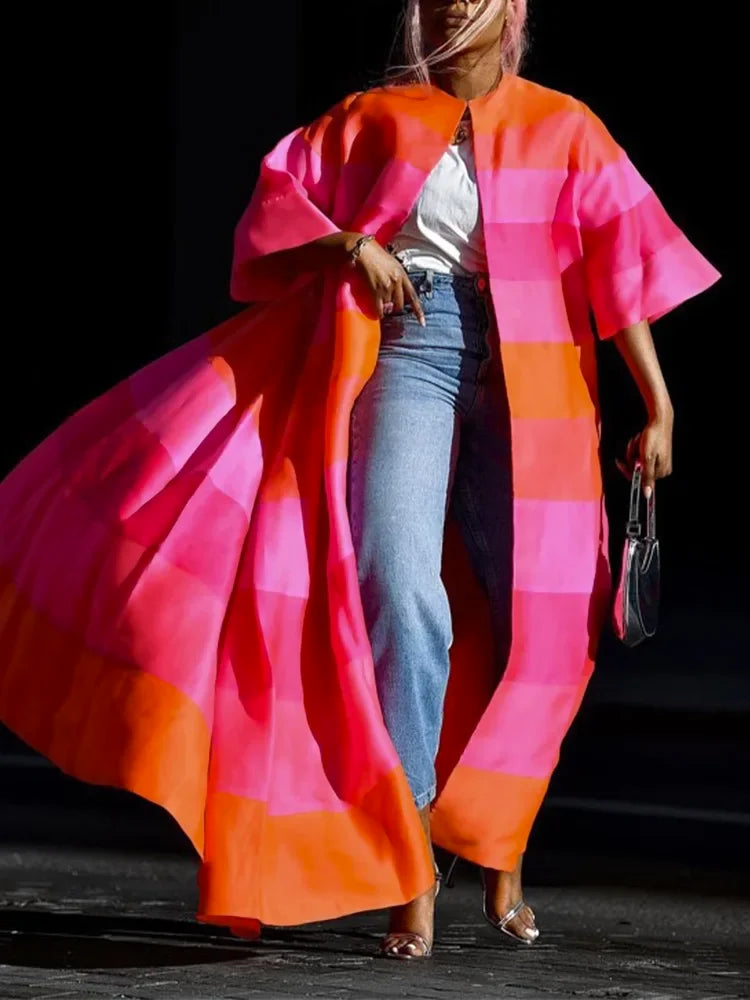 3/4 Pink & Orange Elegant Full Length Trench Coat - Thread Harbor Clothing Company