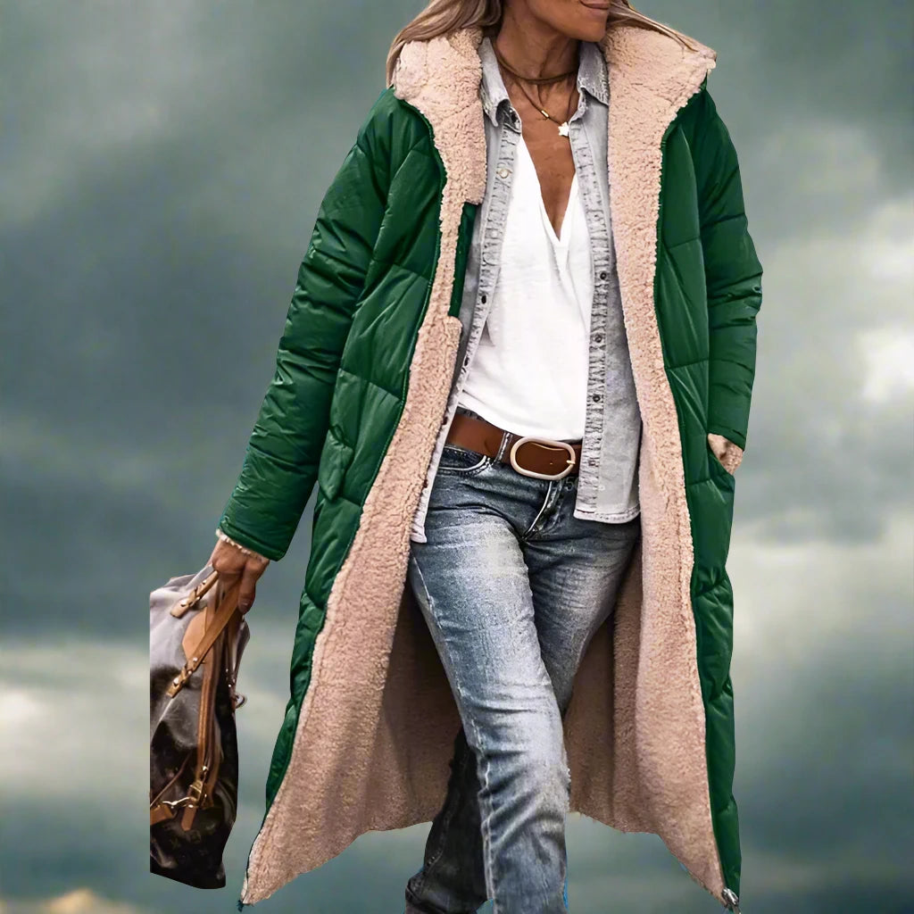 Green with beige fleece.  Keep cozy and stylish this winter with our Warm Winter Reversible Fleece Hooded Mid Length Puffer Coat. Featuring a reversible design and fleece lining, this coat is perfect for cold weather. Its mid length and puffer style adds a touch of fashion to keep you warm. Stay warm and fashionable all season long!