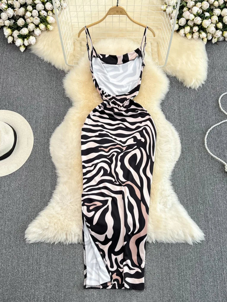 Zebra Stripe Print Side Slit Spaghetti Strap Backless Sexy Long Dress