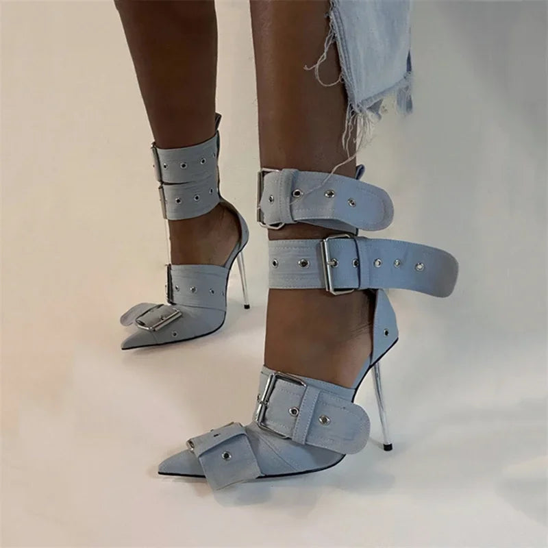 Strappy Pointy Toe Punk Style Buckle and Strap High Heel Shoes