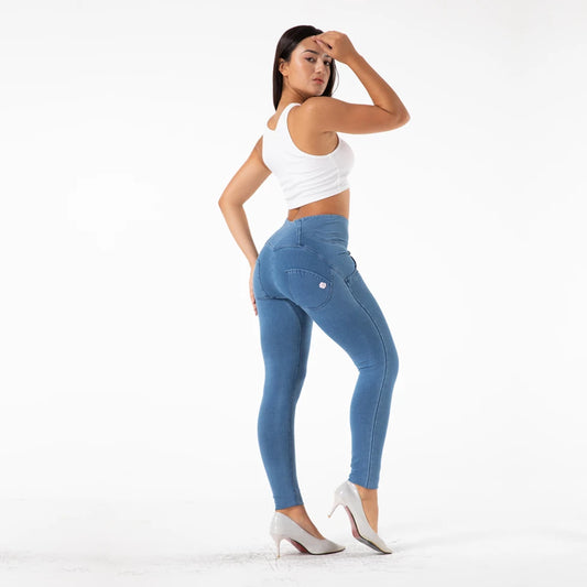 These light blue skinny leg jeans are designed with 4 way stretch fabric and butt lift technology, making them both stylish and functional. The high waist design and spandex material offer a slimming effect, while the super sexy skinny leg cut adds a flattering touch to your look.