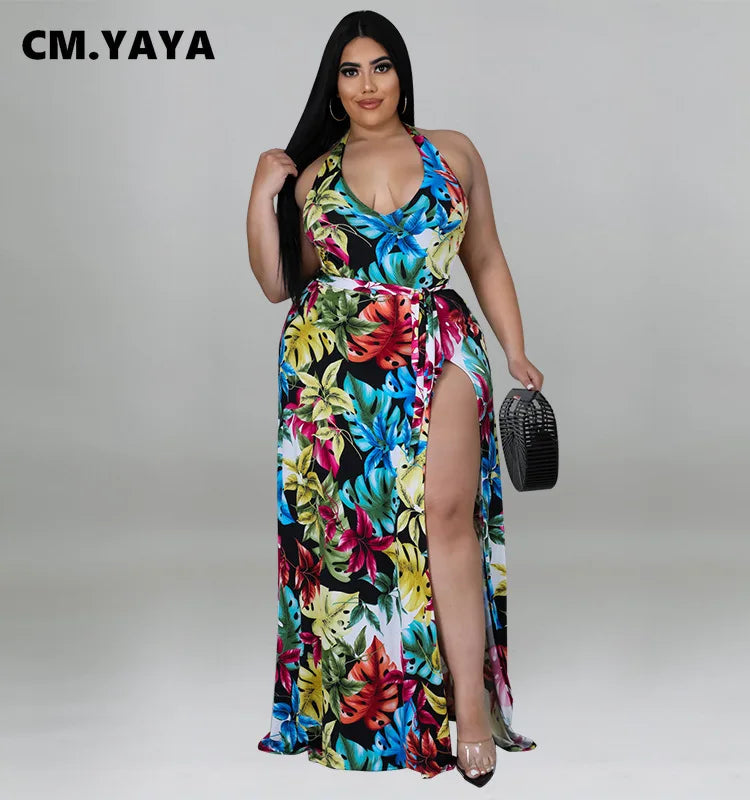 Plus Size Floral Maxi Dress with Tie Waist Two Piece Matching Beach Swimsuit Set