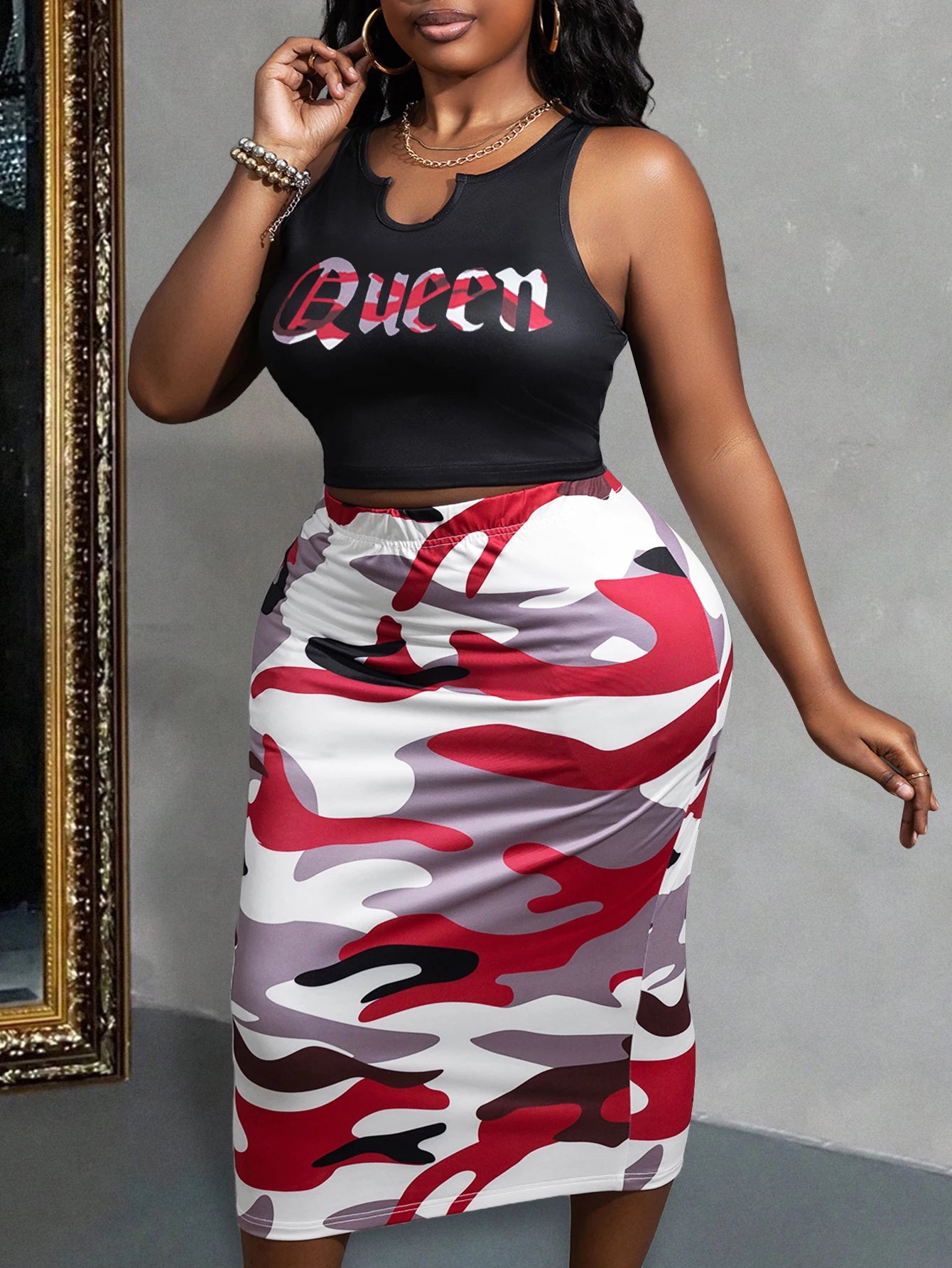 Elevate your style with our Super Sexy Plus Size Two Piece Sleeveless Cami Tank and Midi Skirt! This stunning set flatters your curves and provides all-day comfort. Perfect for any occasion, it's a must-have addition to your wardrobe.