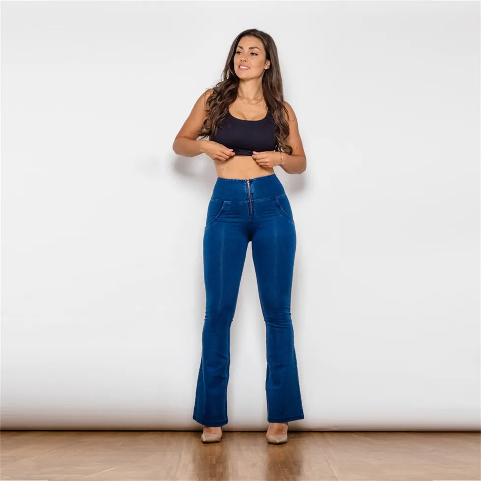 These High Waist Flare Jeans feature a four-way stretchable fabric and butt lifting technology, providing a comfortable and flattering fit. Made with dark blue cotton, these flair leg jeggings are a versatile and stylish addition to any summer wardrobe. Elevate your fashion game!!!