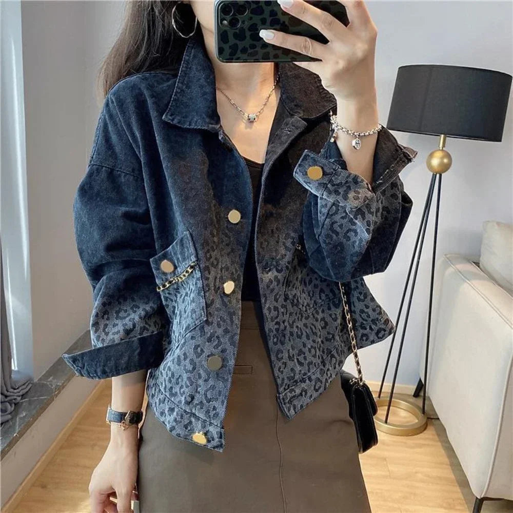 Leopard Print Short Denim Jacket Button Up Collar