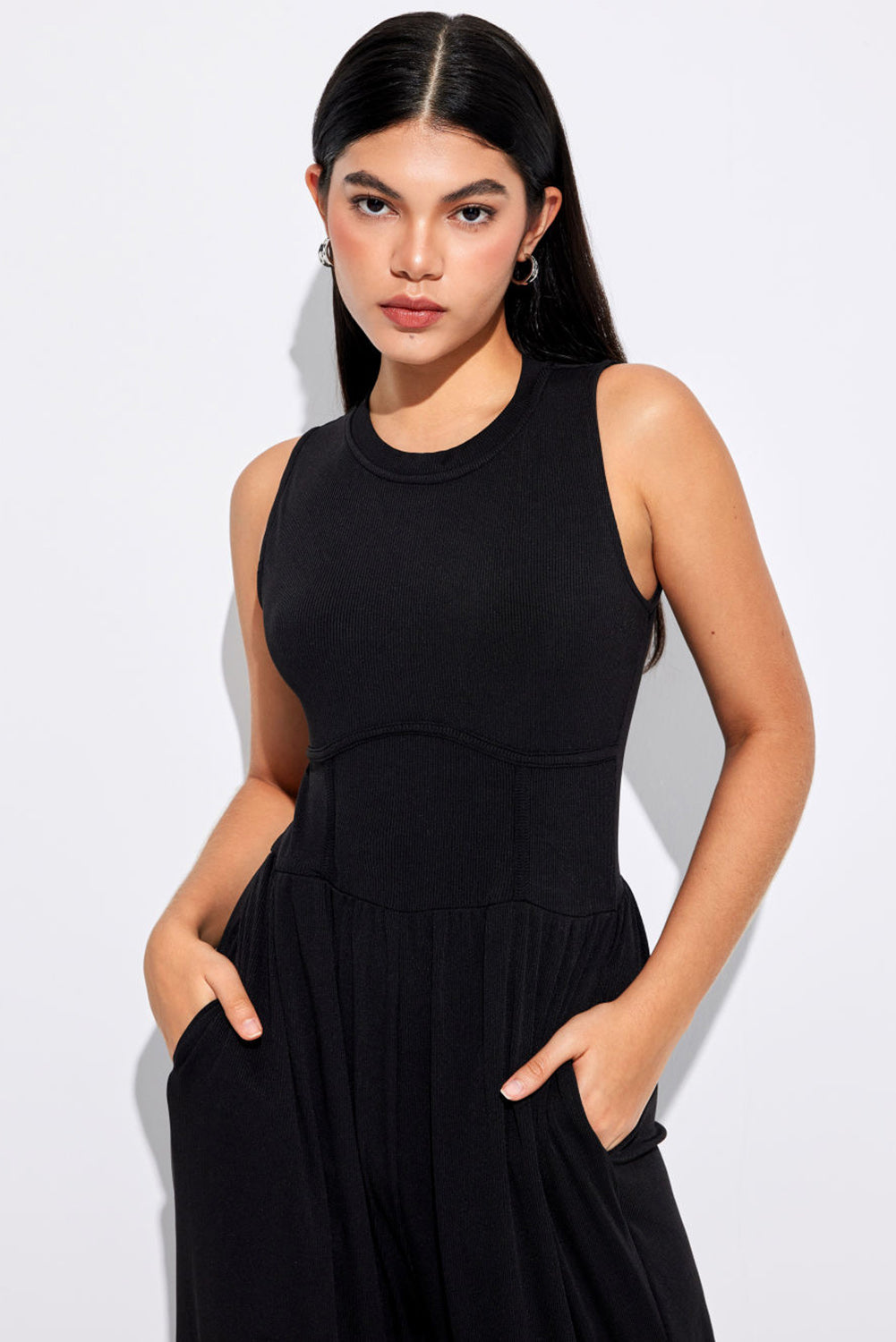 Black Cinched Waist Sleeveless Wide Leg Jumpsuit - Thread Harbor Clothing Company