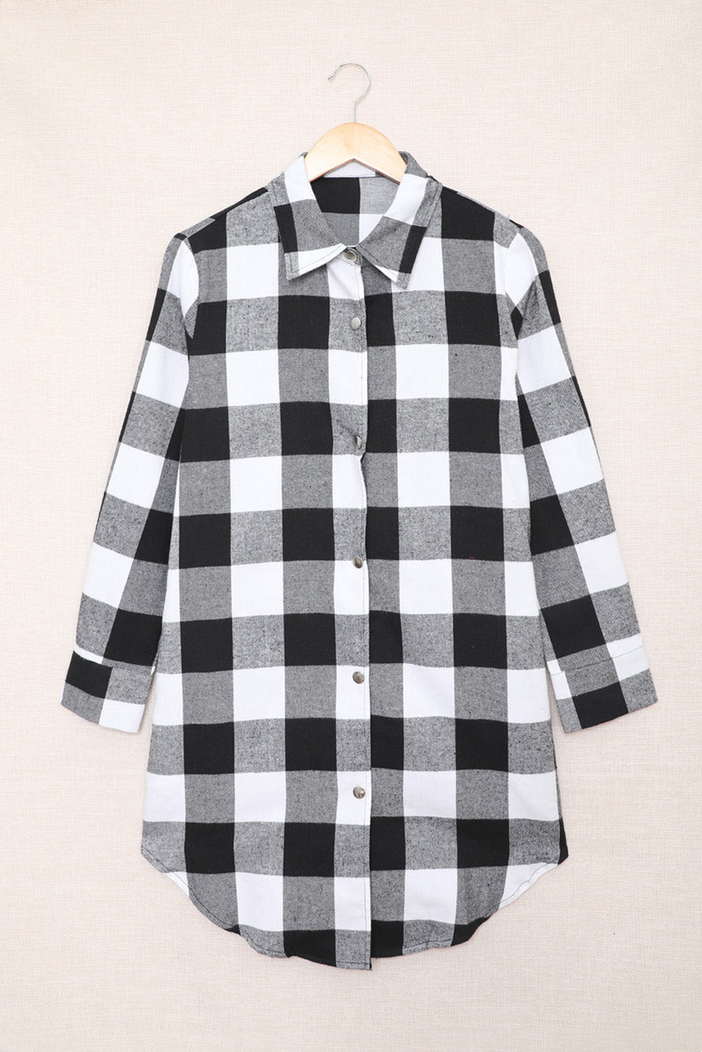 Black Turn-Down Collar Plaid Shirt Coat