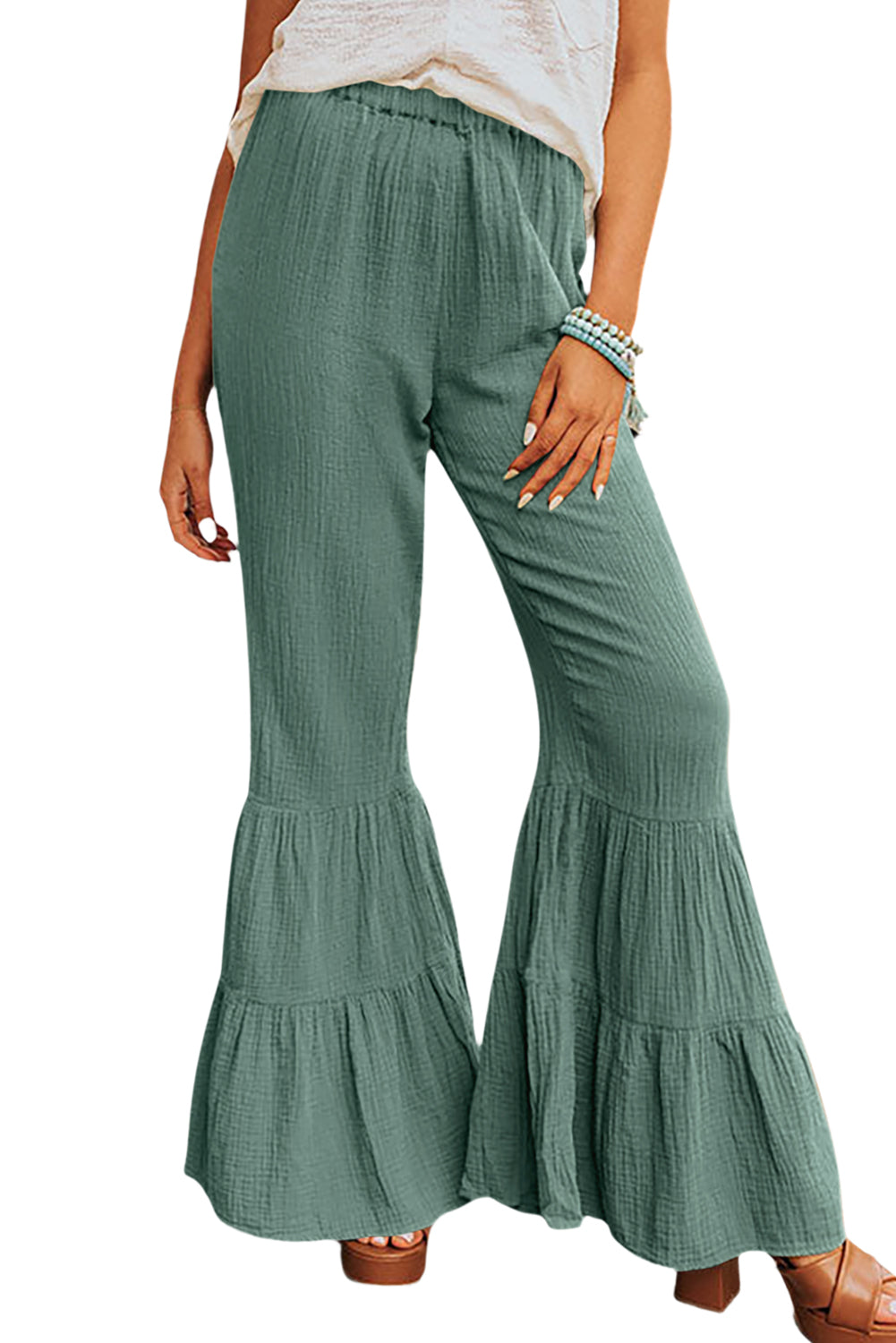 Classy Green Textured High Waist Ruffled Bell Bottom Pants