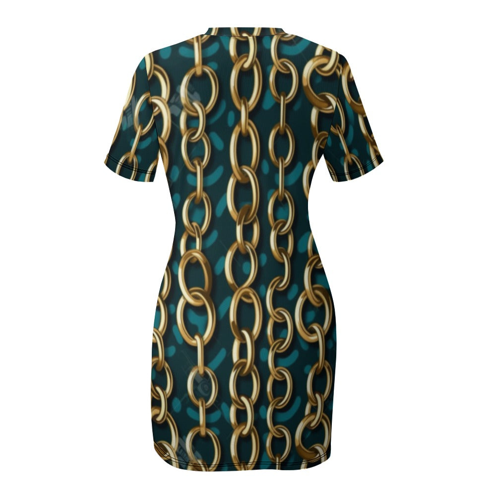 Experience the ultimate in style and comfort with our Turquoise under Gold Chain Graphic Print Crew Neck Short Sleeve Dress! This eye-catching dress features a stunning turquoise and gold chain graphic print, while the crew neck and short sleeves provide a perfect balance of sophistication and ease. Elevate your wardrobe today!