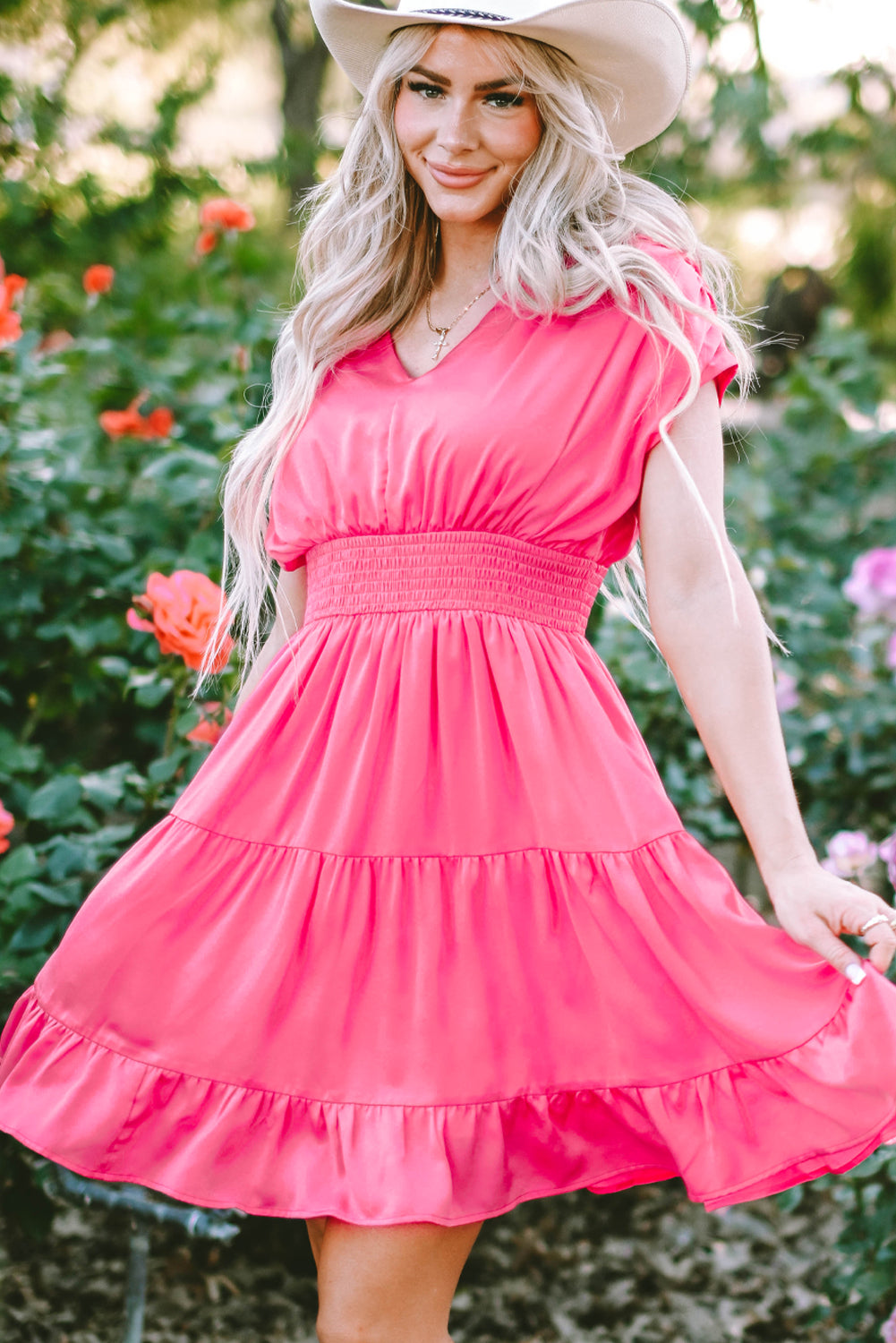 Strawberry Pink V-Neck Ruffled Midi Dress