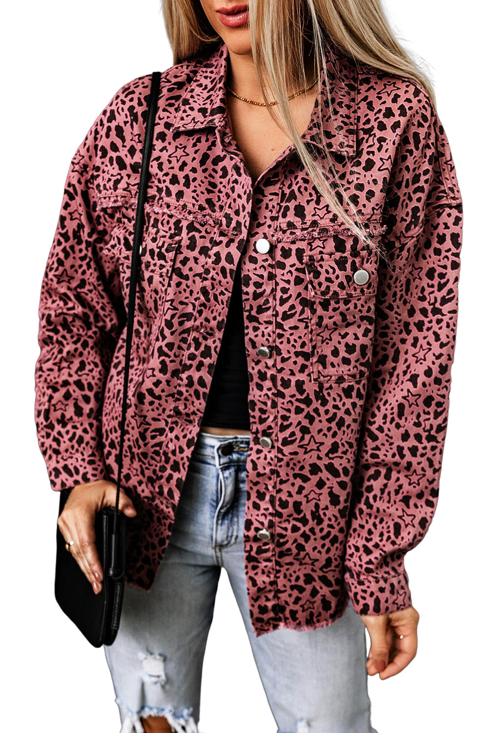 Pink Leopard Spots and Stars and Hearts Print Button Up Denim Shacket