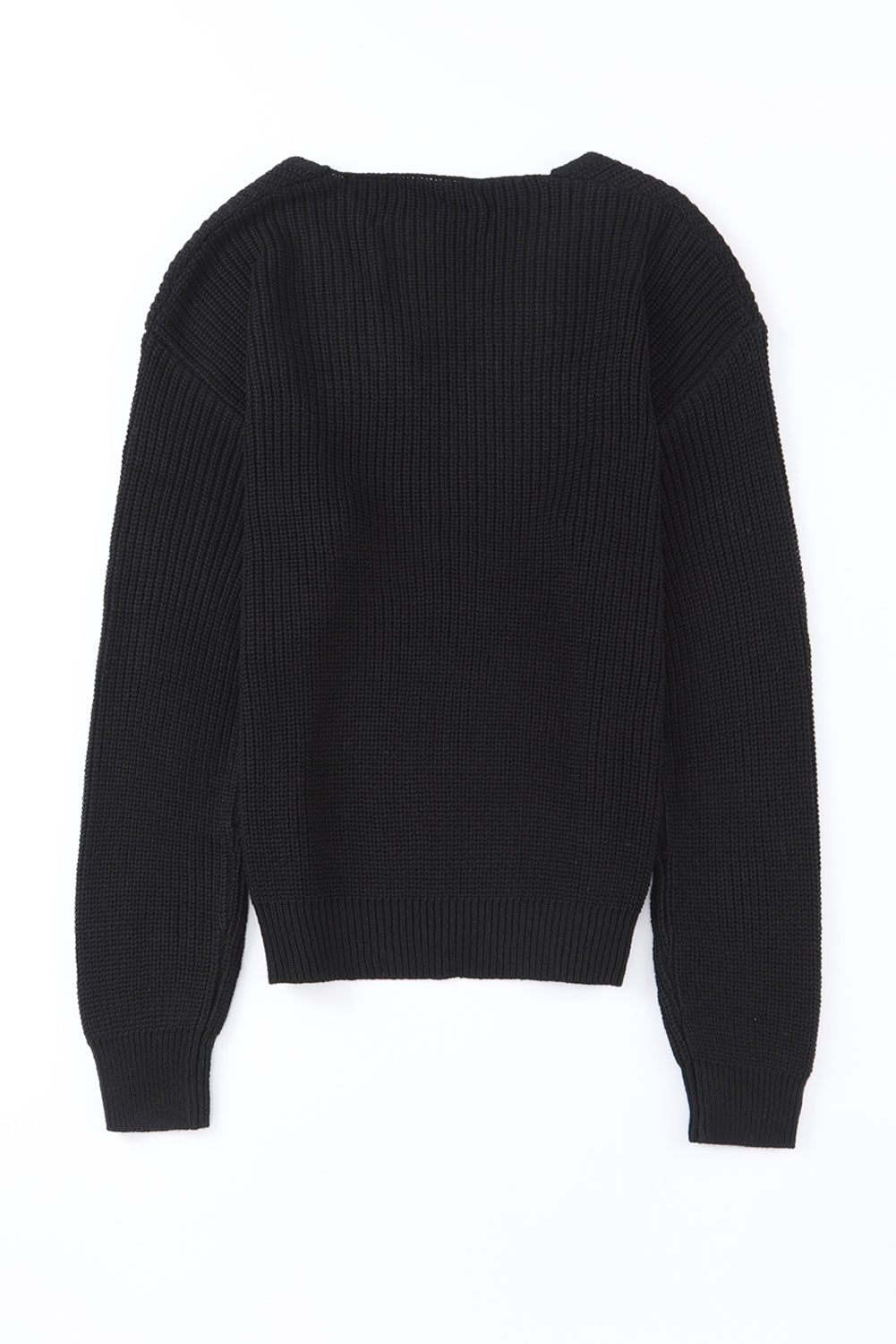 Cozy up in style with our Black Ribbed Knit V Neck Sweater. Made with a soft and stretchy ribbed knit fabric, this sweater features a flattering v neck design. Perfect for pairing with jeans or leggings, it's a versatile and stylish addition to any wardrobe.