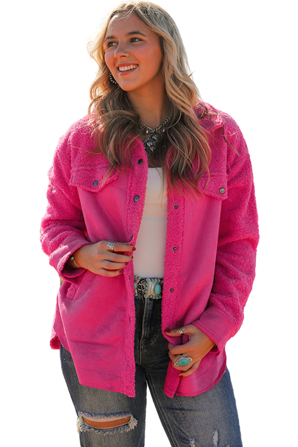 Introducing a cozy yet vibrant addition to your wardrobe: the Bright Pink Faux Suede Sherpa Button-Up Cardigan. Crafted with comfort and style in mind, this cardigan offers both warmth and flair, perfect for the modern woman who values both fashion and functionality