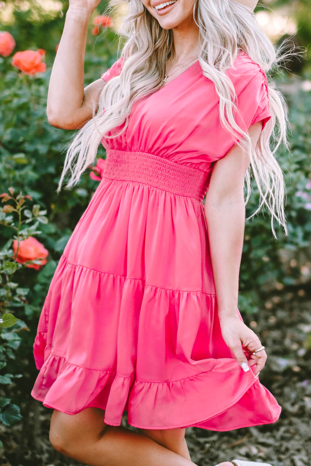 Strawberry Pink V-Neck Ruffled Midi Dress