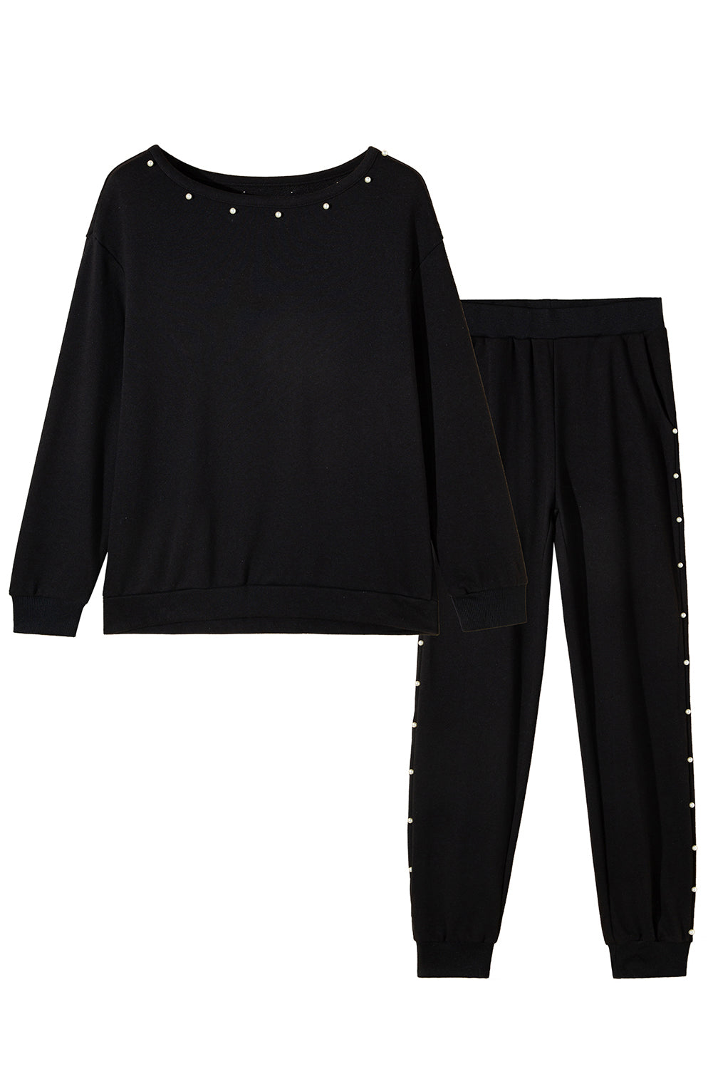 Elevate your loungewear game with our Black Beaded Decor Pullover and Jogger Pants Set. The intricate beaded design adds a touch of glam while the soft and comfortable fabric ensures maximum coziness. Stay stylish and comfortable in this must-have set.