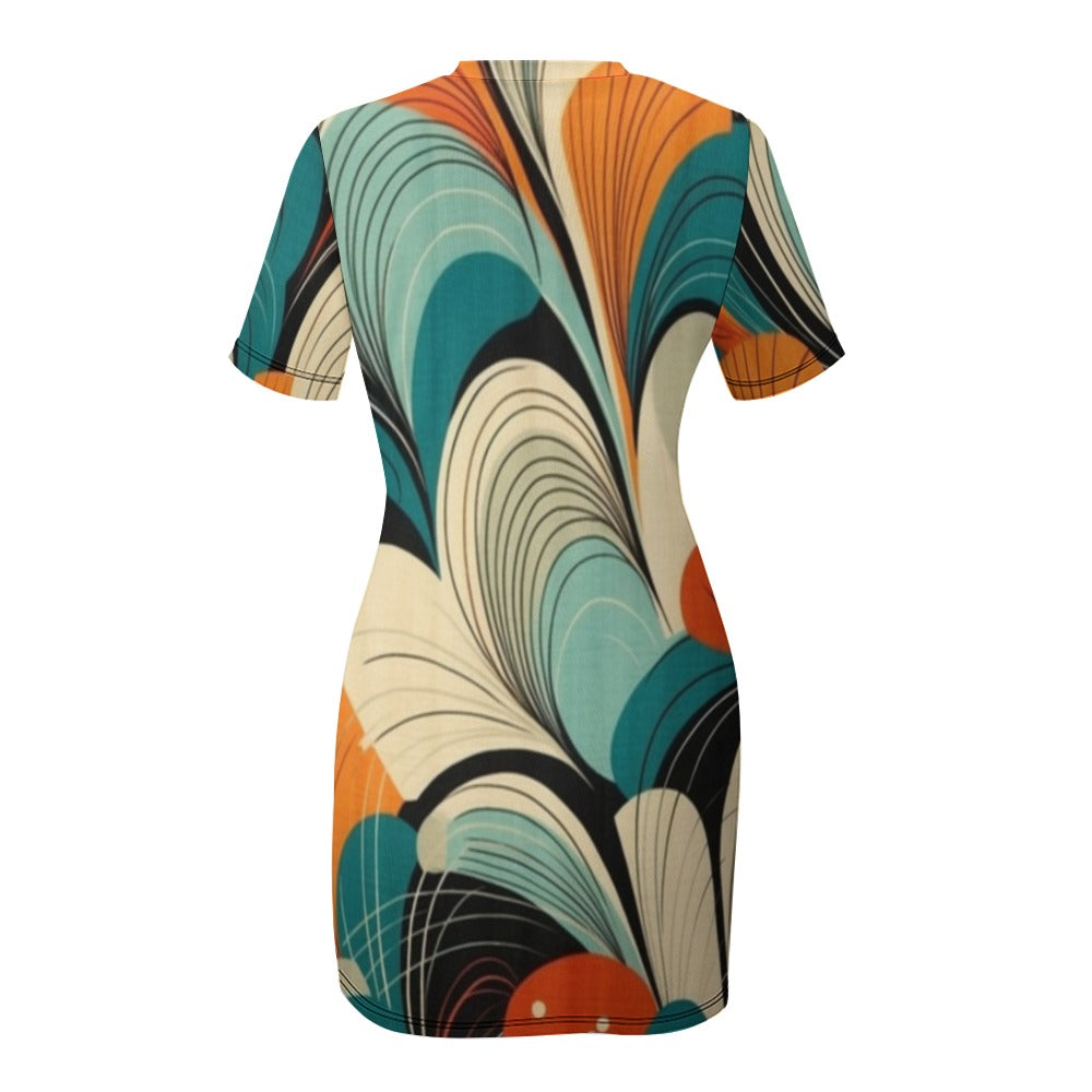 Experience the perfect blend of style and comfort with our Graphic Print Crew Neck Short Sleeve Dress. Featuring a bold graphic print, this dress will make a statement wherever you go. The crew neck and short sleeves provide all-day comfort, while the stylish design adds an element of flair to your wardrobe!  The graphic print is retro bold whirls with the colors of orange, beige, turquoise, teal, black, red.  its lovely!