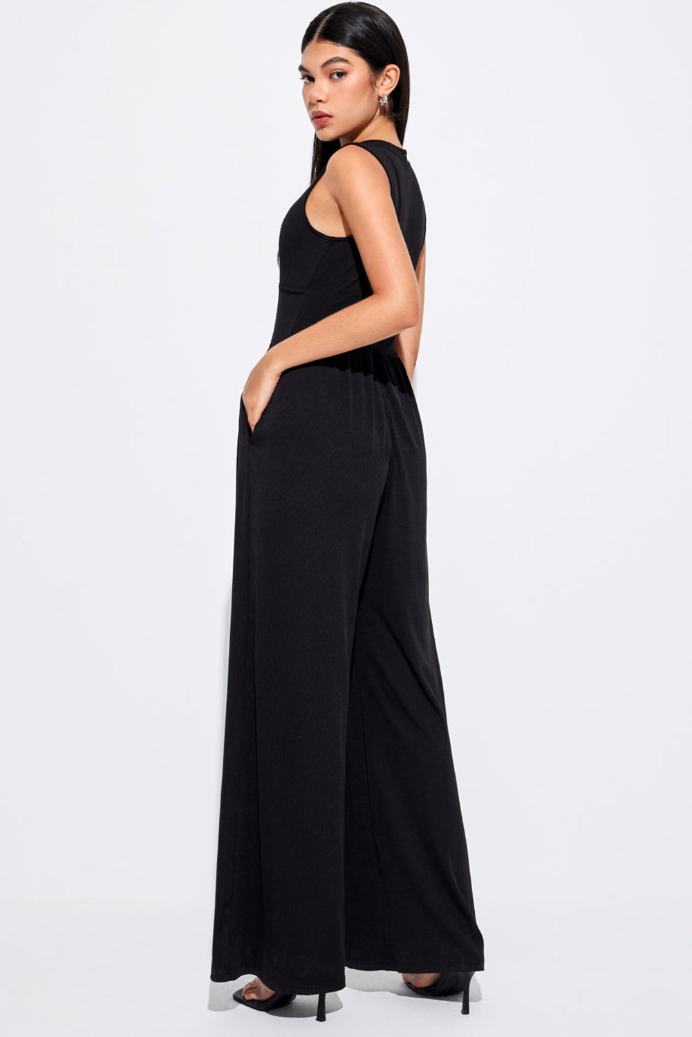 Black Cinched Waist Sleeveless Wide Leg Jumpsuit - Thread Harbor Clothing Company