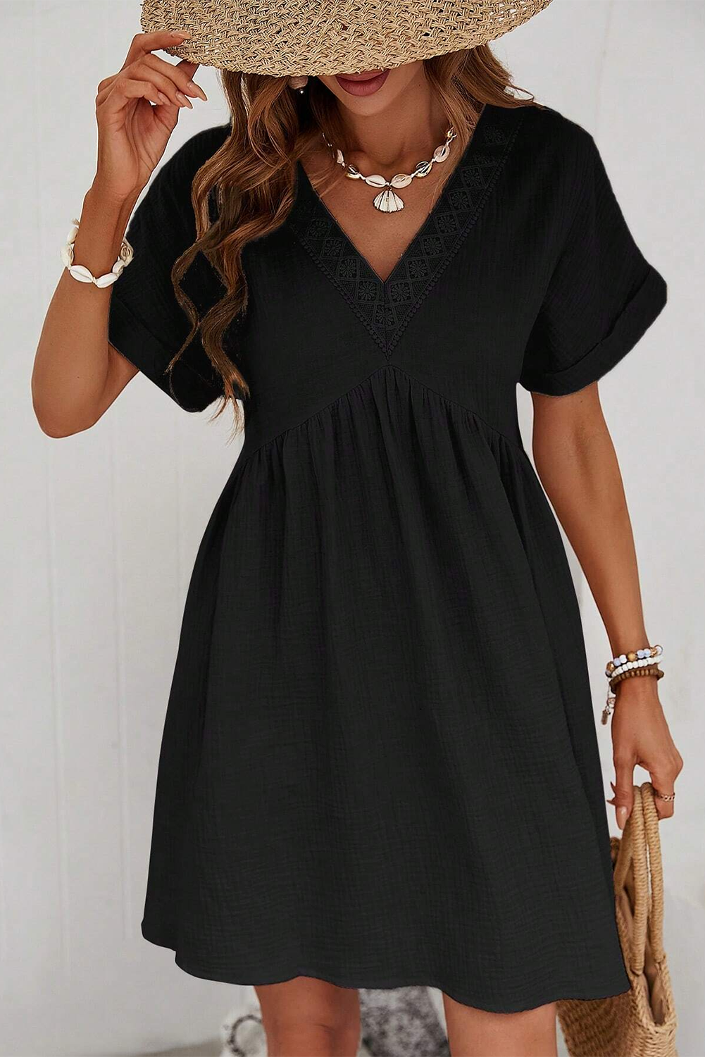 Sexy Black Short Sleeve Lace V-Neck Mini Dress