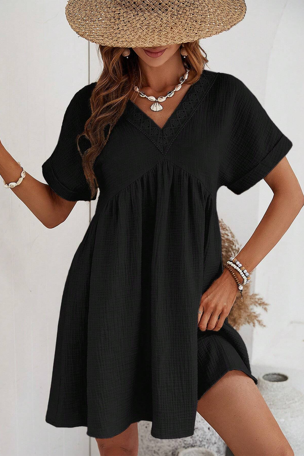 Sexy Black Short Sleeve Lace V-Neck Mini Dress