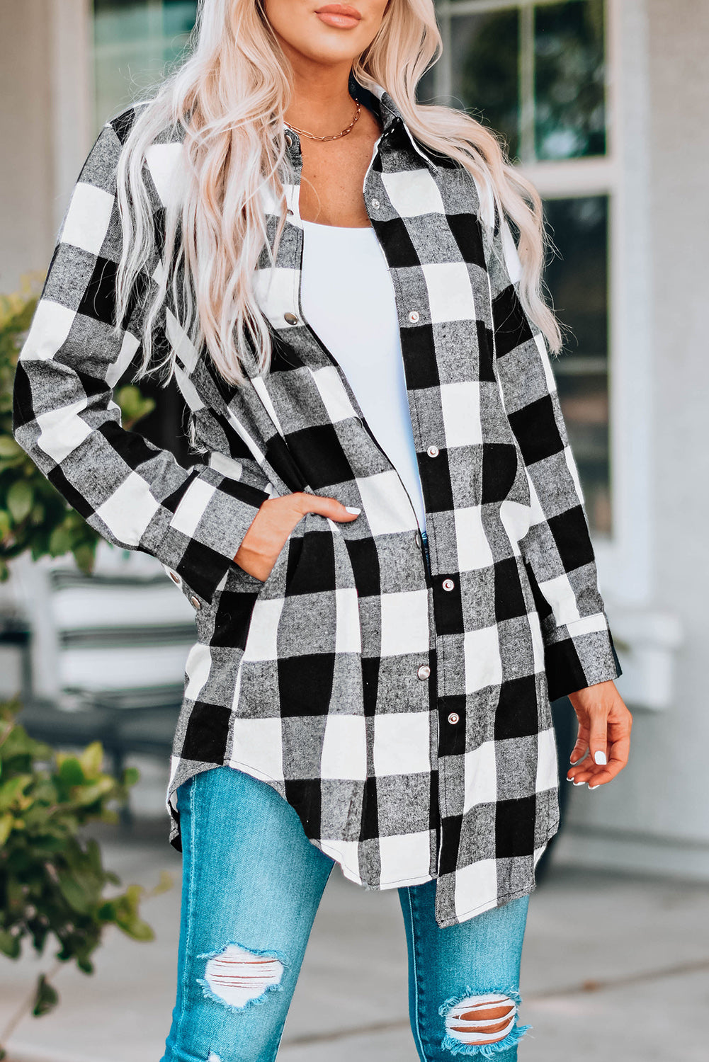 Black Turn-Down Collar Plaid Shirt Coat