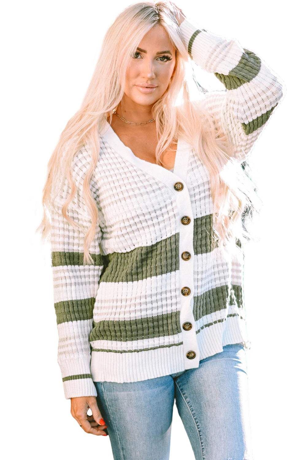 Get ready to add some color to your wardrobe with this Green Colorblock Textured Knit Buttoned Cardigan! The block-striped lightweight weave brings a playful touch to any outfit, while the rows of buttons down the front make for easy layering. Plus, the carefully knitted patterns and ribbed details add a touch of elegance to this quirky and fun cardigan.