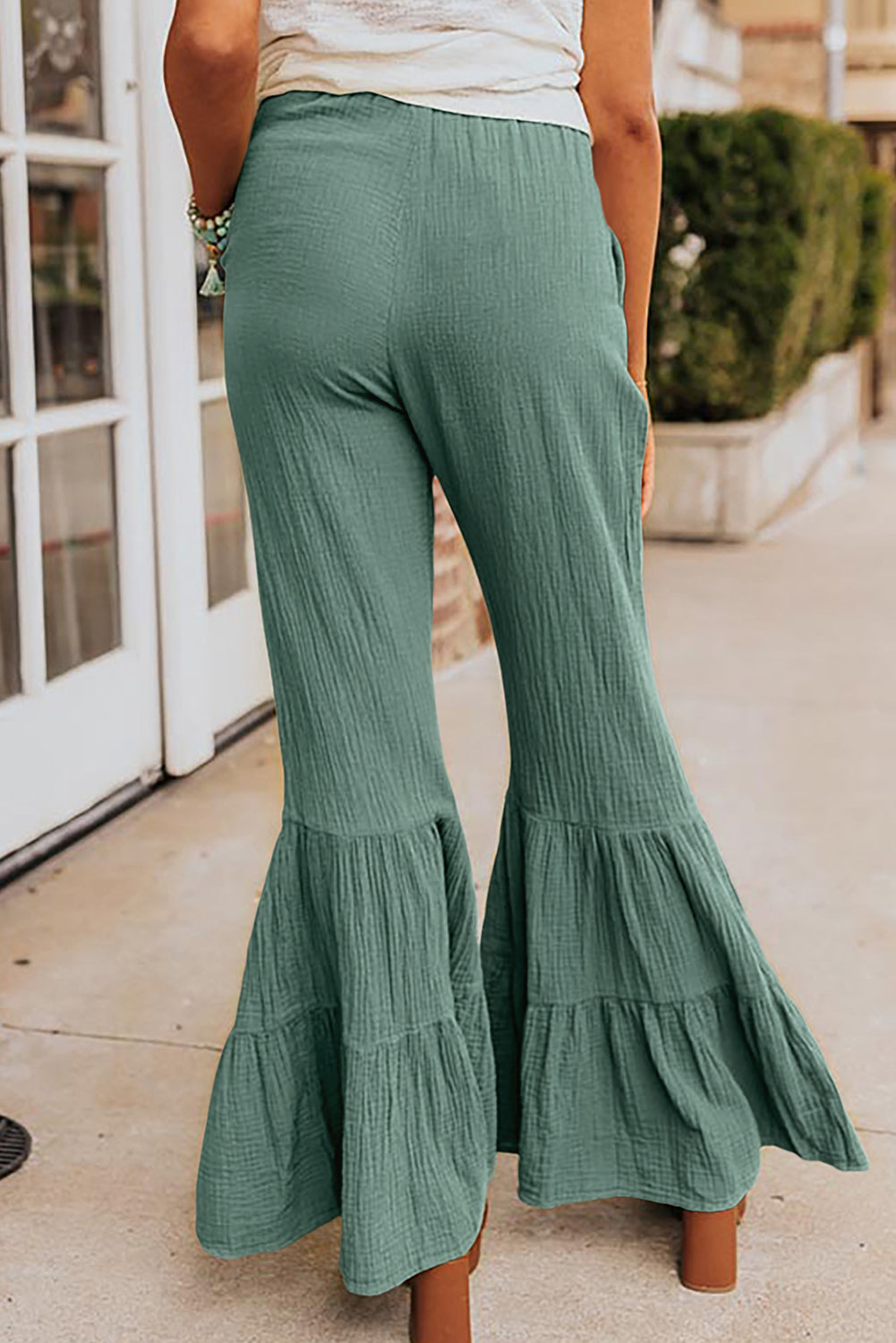 Classy Green Textured High Waist Ruffled Bell Bottom Pants