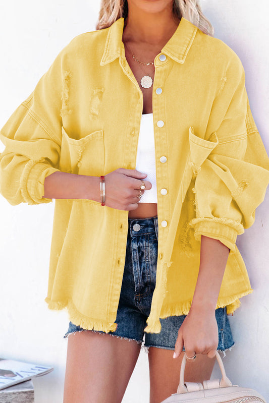 Get ready to make a statement this summer with our Summer Yellow Fringe Trim Denim Jacket! The playful fringe trim adds a unique touch to this classic denim jacket, perfect for standing out in a crowd. Complete any look with this quirky and fun addition to your wardrobe.