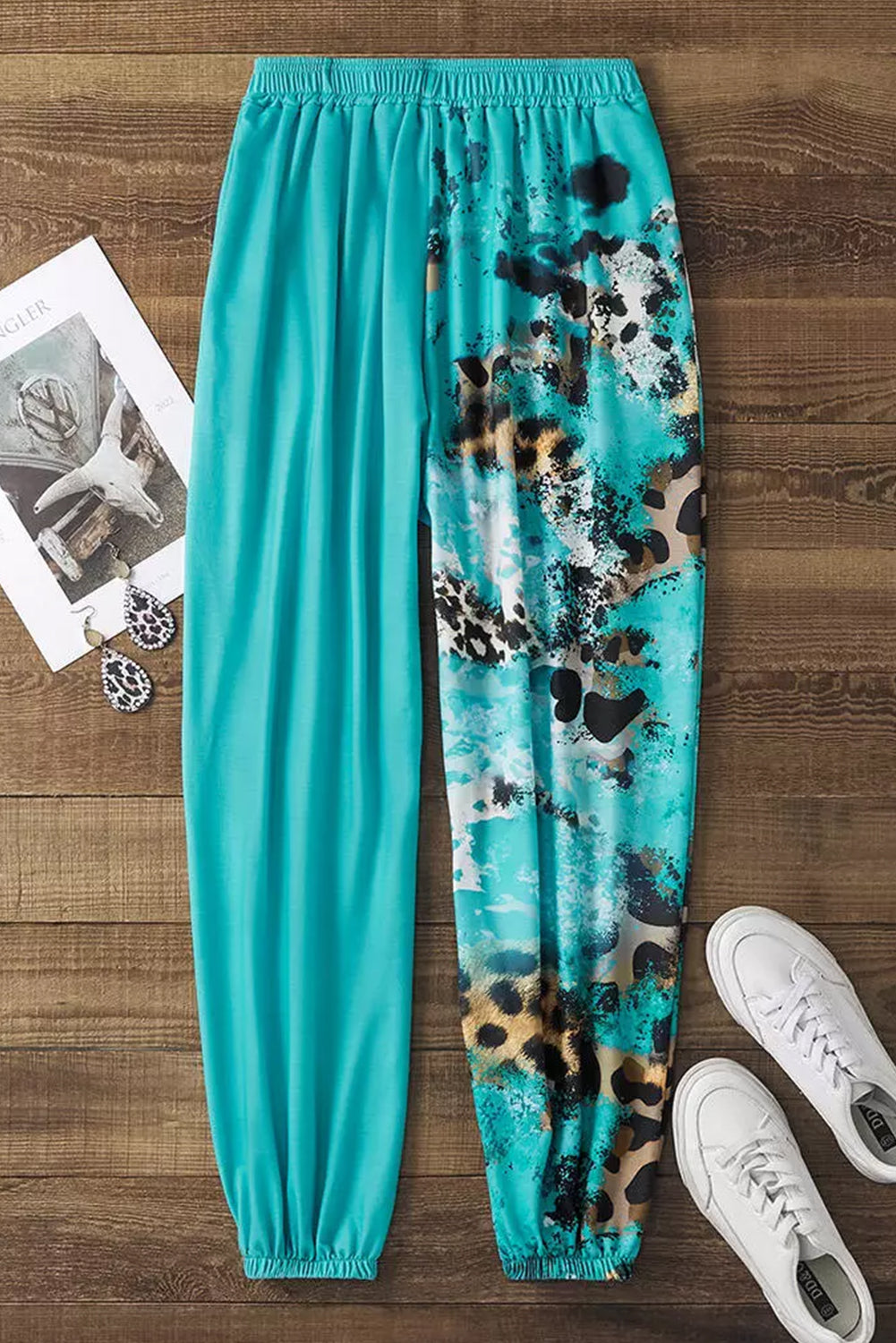 Stylish Casual Turquoise Contrast Leopard Tie-Dye Print  Sweatpants