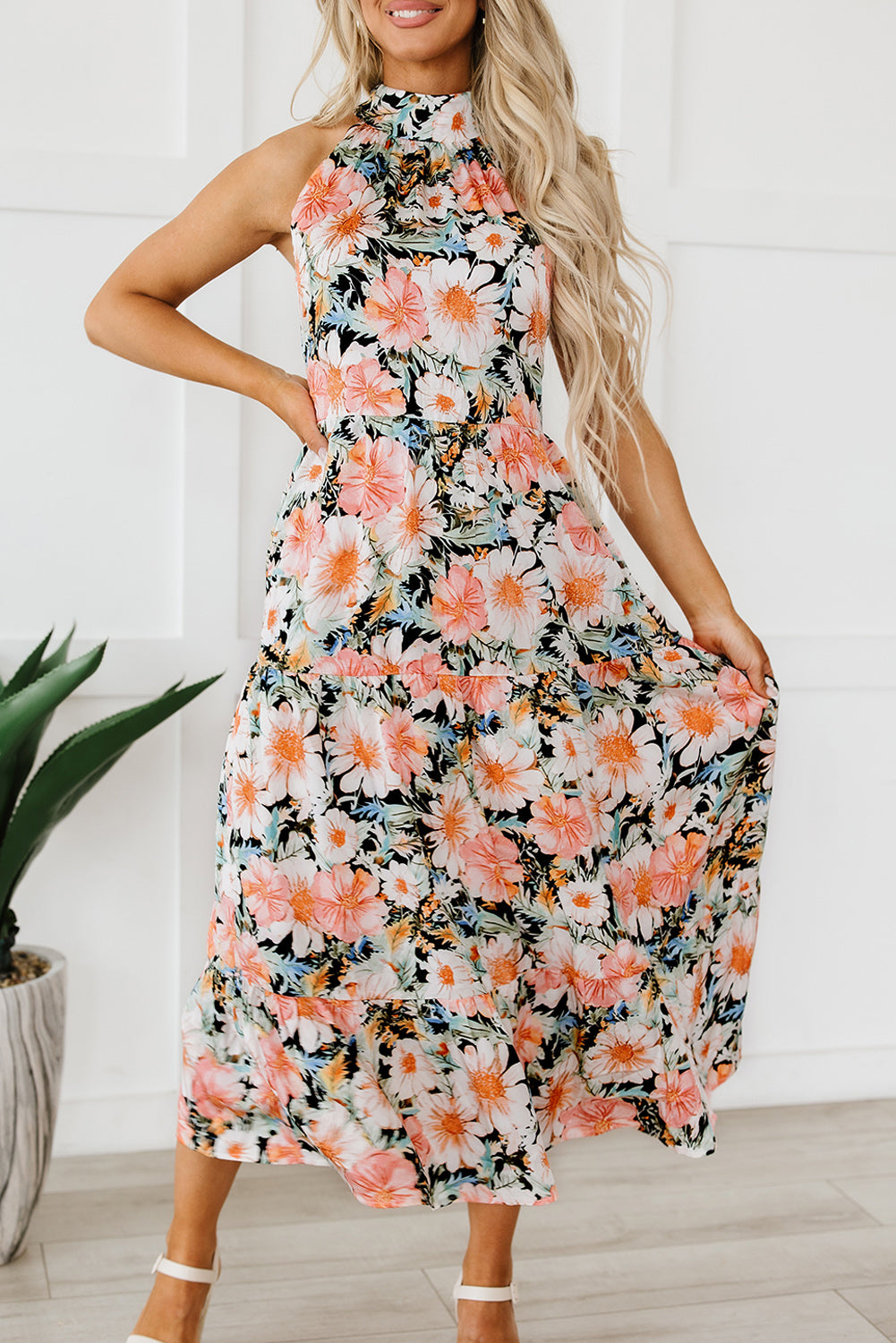 Floral Boho Print Knotted Halter Ruffled Maxi Dress - Thread Harbor Clothing Company