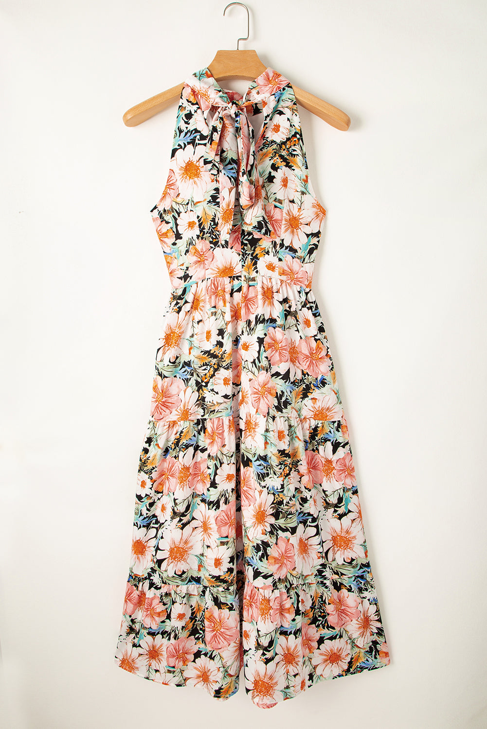 Floral Boho Print Knotted Halter Ruffled Maxi Dress - Thread Harbor Clothing Company