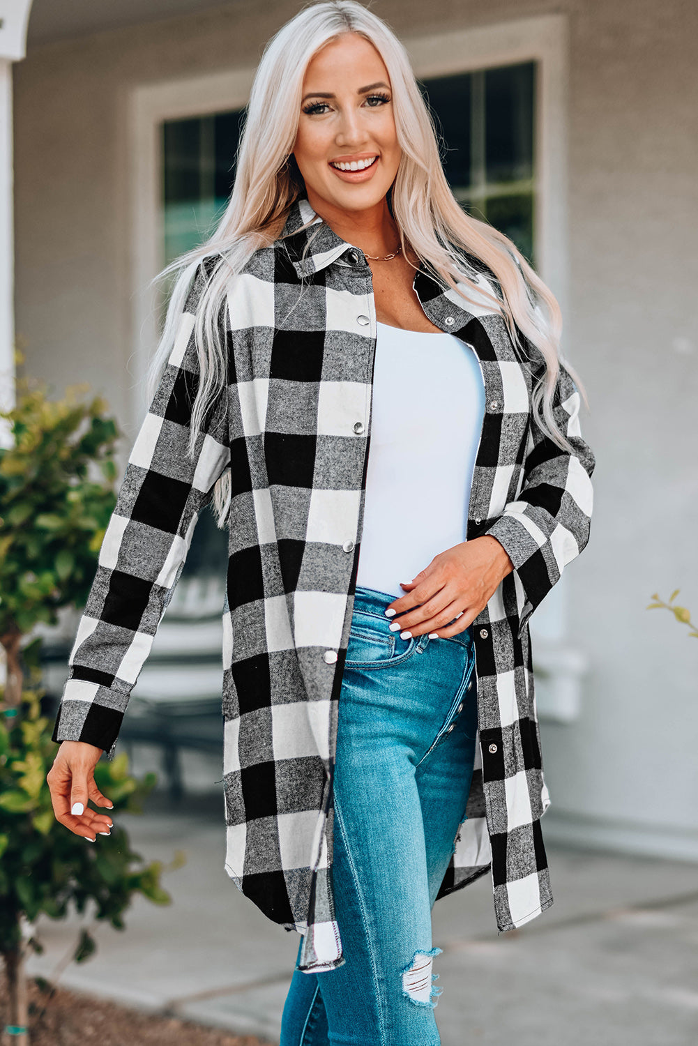 Black Turn-Down Collar Plaid Shirt Coat