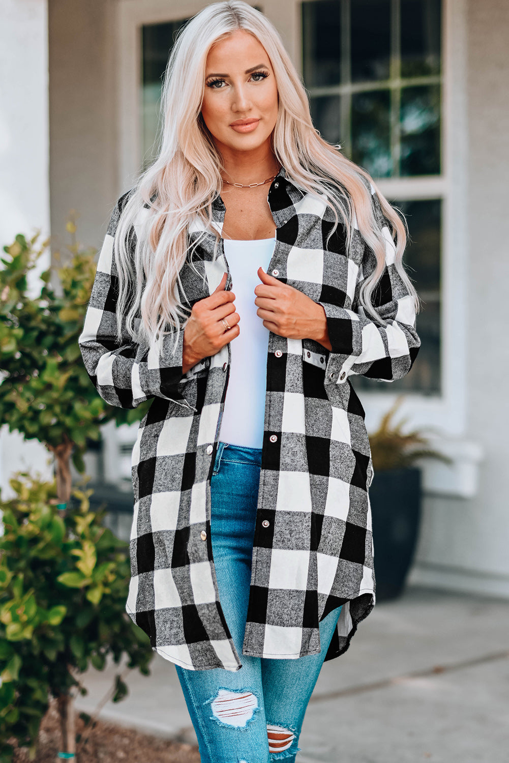 Black Turn-Down Collar Plaid Shirt Coat