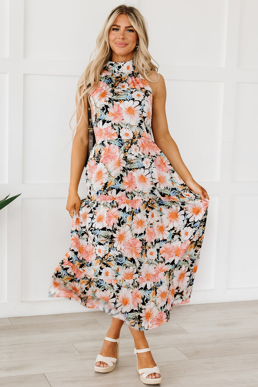 Floral Boho Print Knotted Halter Ruffled Maxi Dress - Thread Harbor Clothing Company