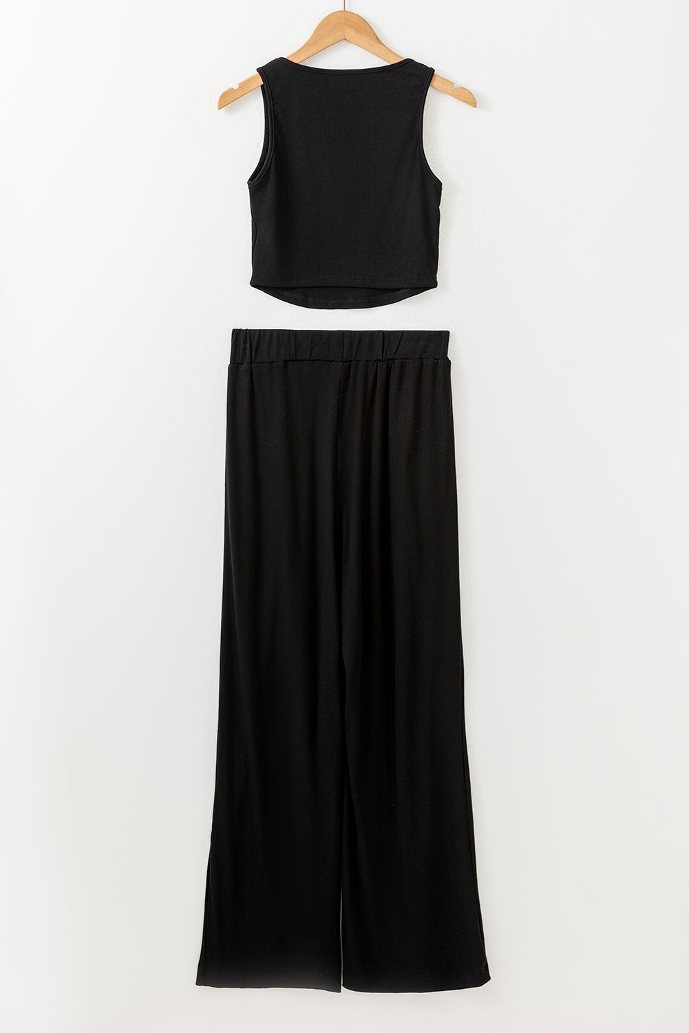 Black Textured Sleeveless Crop Top and Wide Leg Pants Outfit