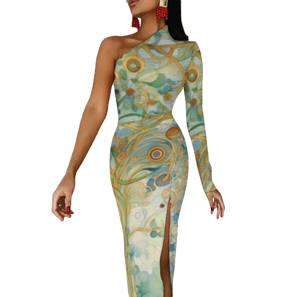 Original Design Print Half Sleeve Slit Maxi Bodycon Dress