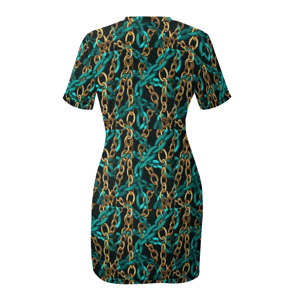 Bask in the vibrancy of the Original Print Turquoise Crew-Neck Short Sleeve Dress. Its unique print adds a pop of color to your wardrobe while the crew-neck and short sleeves provide comfort and style. Elevate your fashion game with this must-have dress and make a statement anywhere you go!