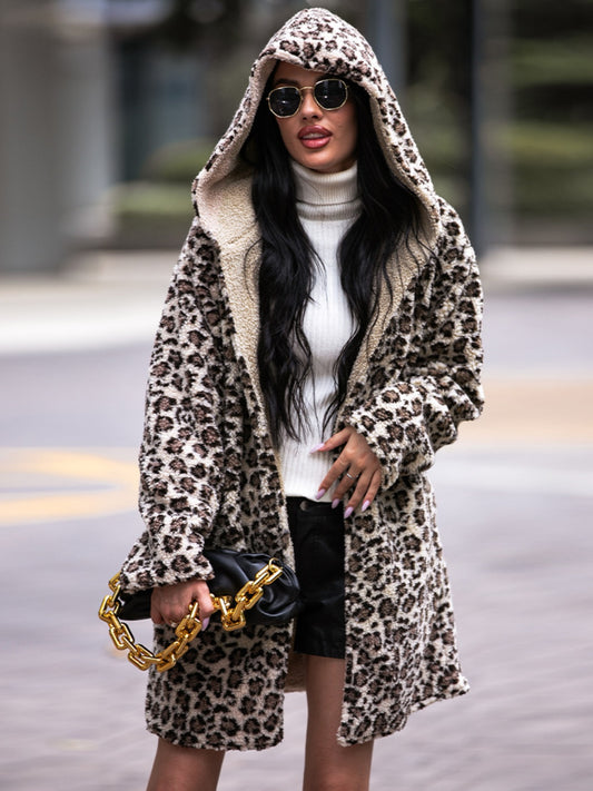 Women's Knee Length Leopard Print Hooded Jacket