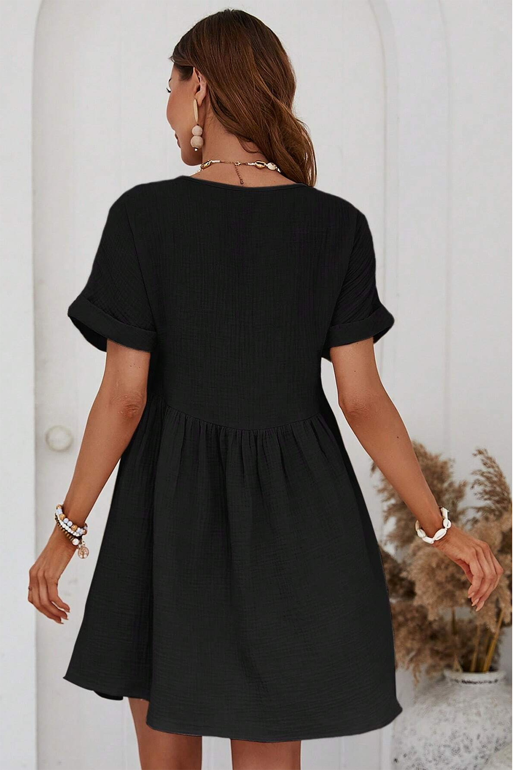 Sexy Black Short Sleeve Lace V-Neck Mini Dress