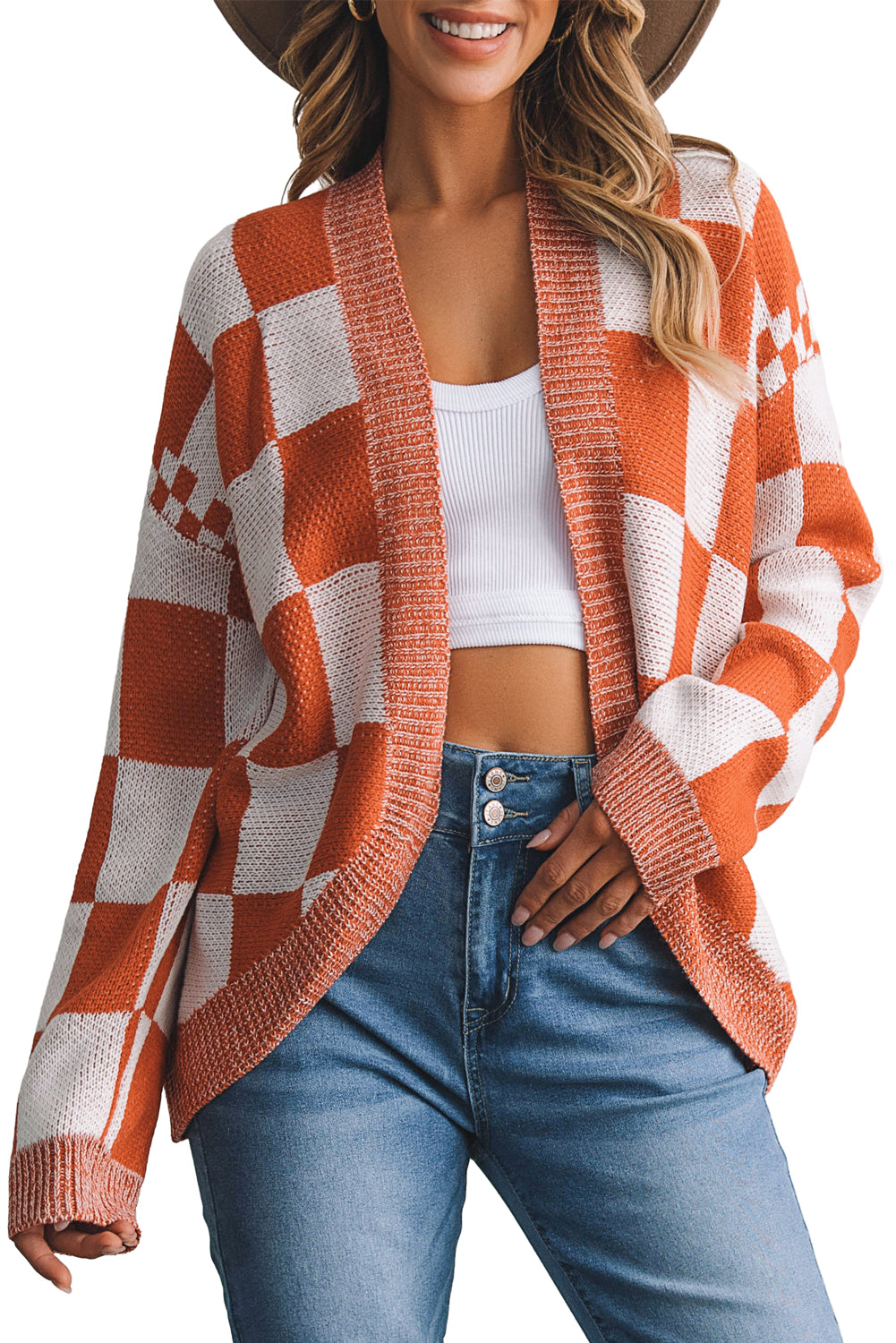 Chestnut Mix Checkered Open Front Knit Cardigan