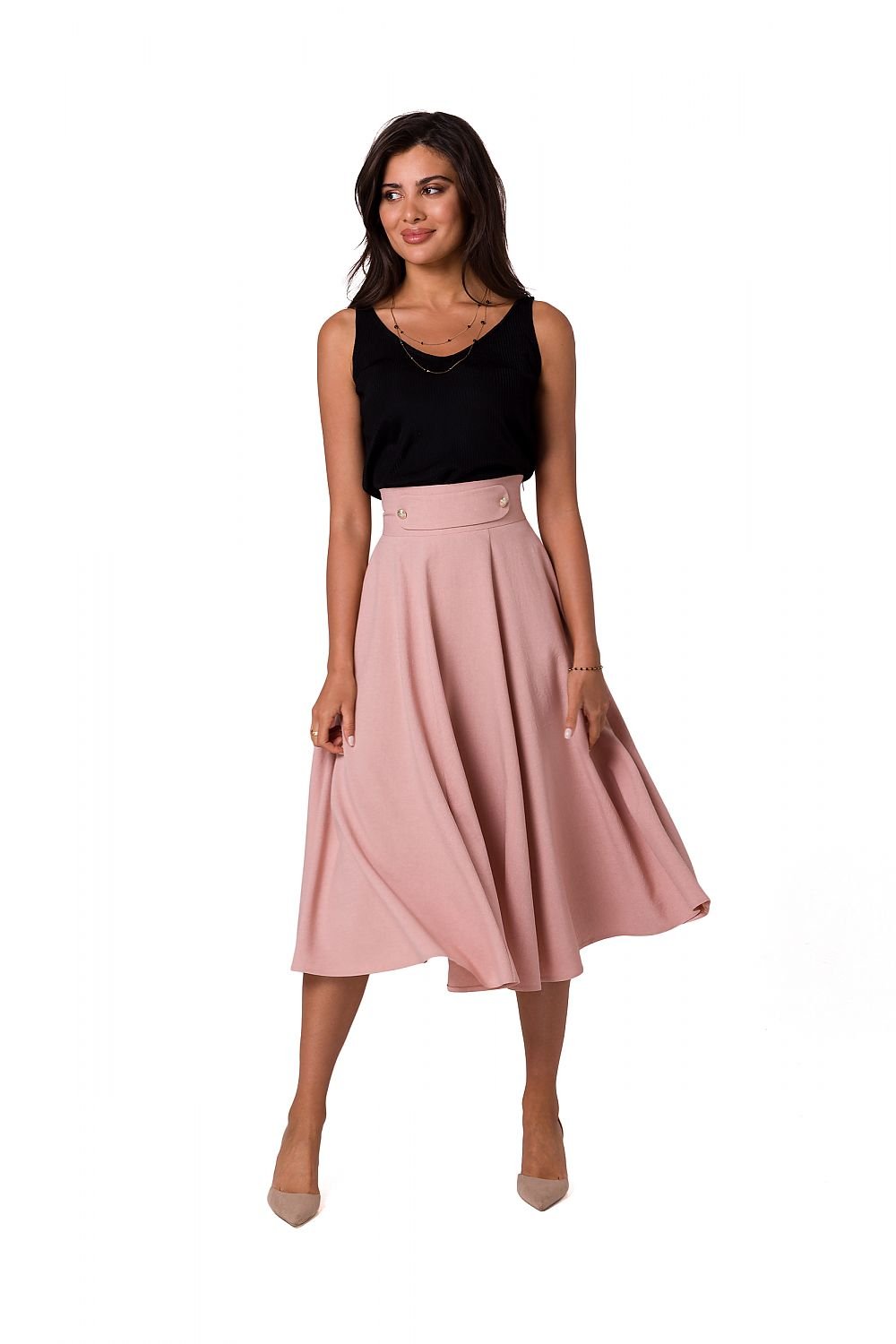 Experience effortless elegance with our Midi Elastic Waist Flared Women's Skirt. The high waist design and decorative buttons add a touch of sophistication, while the covered zipper ensures a secure fit. Flattering and versatile, this skirt will become a staple in your wardrobe.