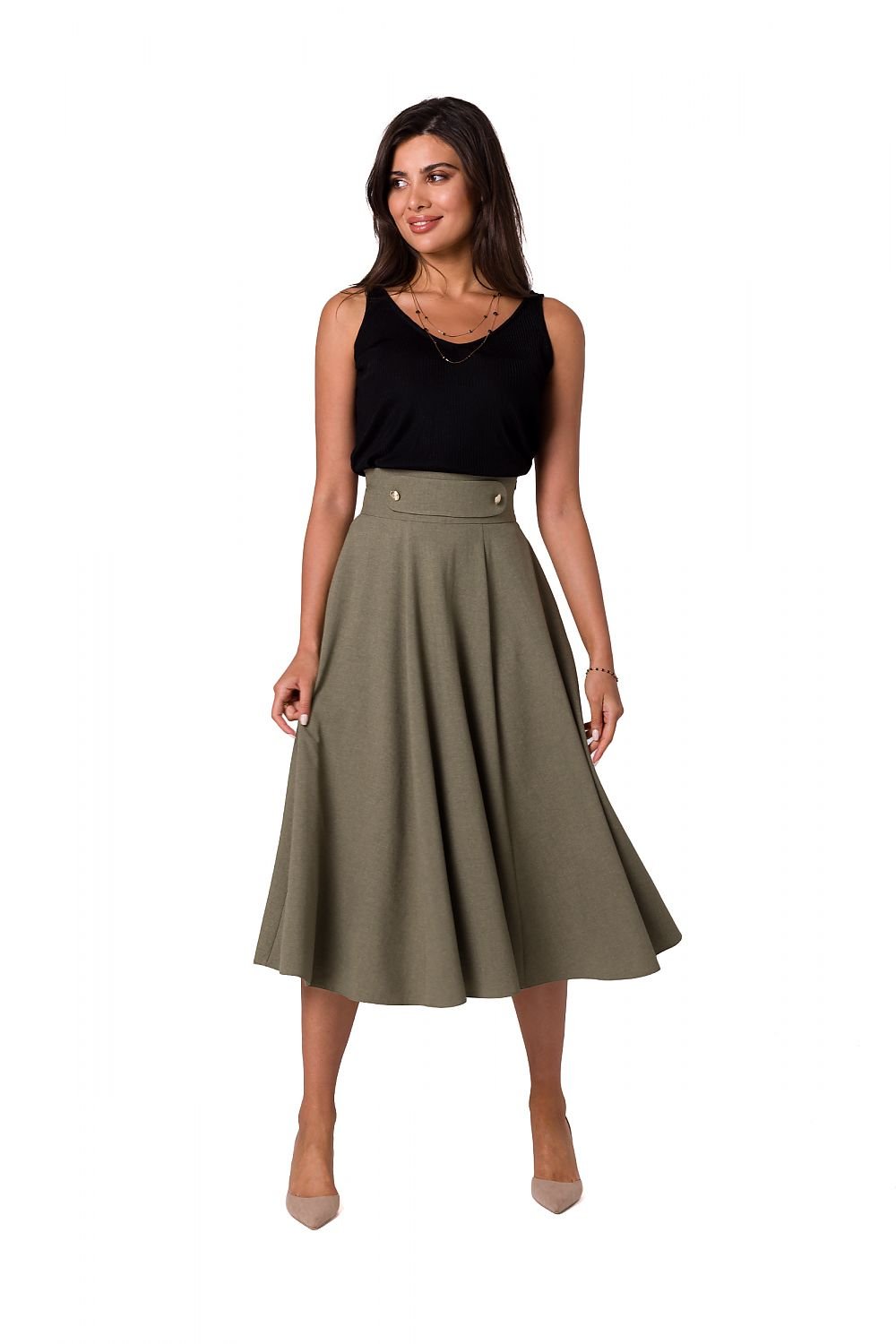 Experience effortless elegance with our Midi Elastic Waist Flared Women's Skirt. The high waist design and decorative buttons add a touch of sophistication, while the covered zipper ensures a secure fit. Flattering and versatile, this skirt will become a staple in your wardrobe.