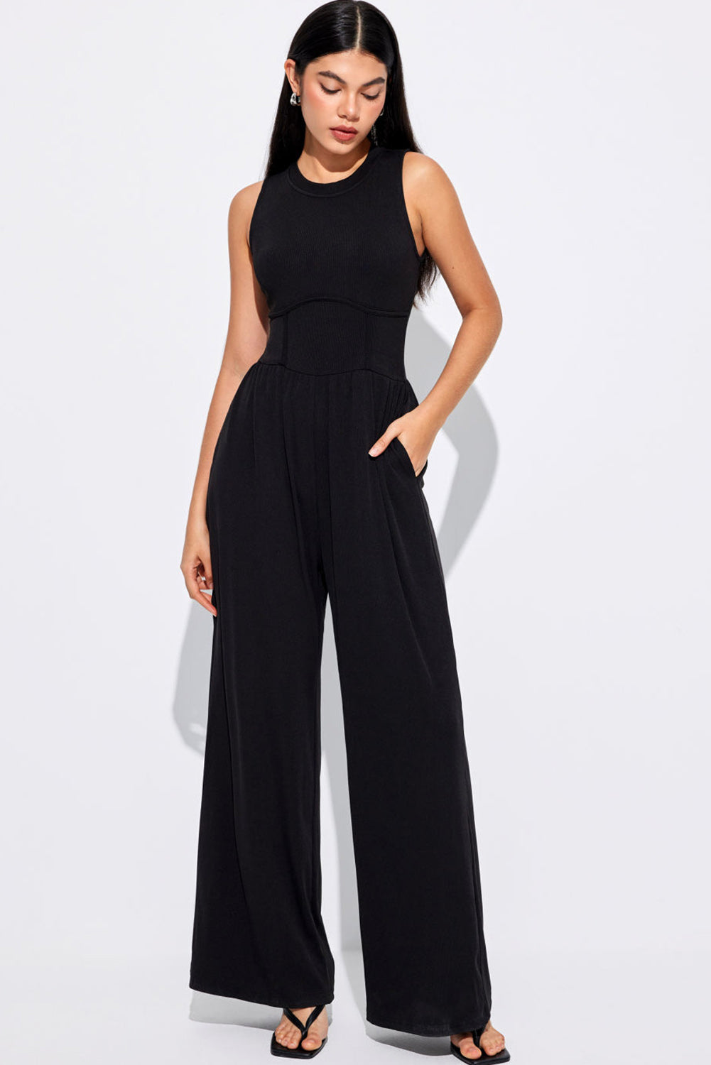 Black Cinched Waist Sleeveless Wide Leg Jumpsuit - Thread Harbor Clothing Company