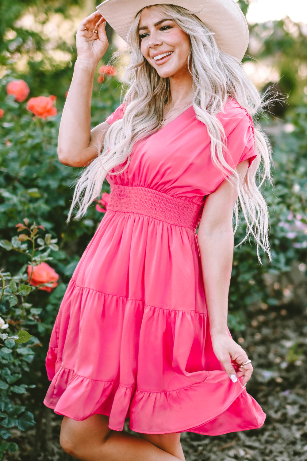 Strawberry Pink V-Neck Ruffled Midi Dress