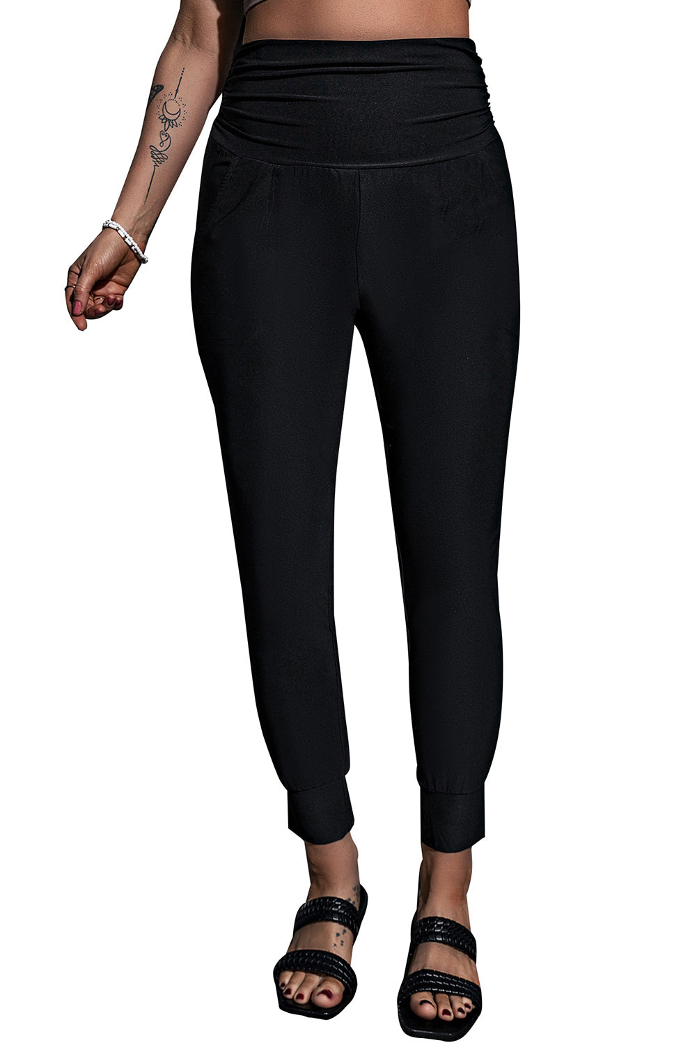 Black High Waist Pleated Leggings with Pockets - Thread Harbor Clothing Company