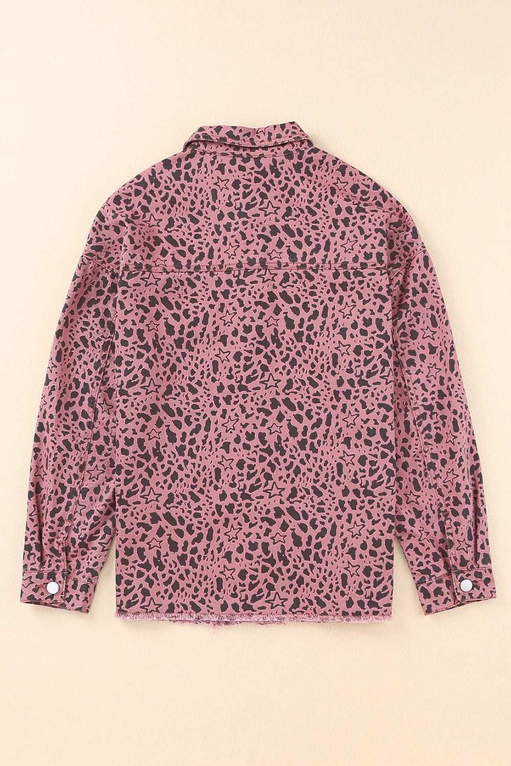 Unleash your wild side with our Pink Stars &amp; Animal Spots Print Button Up Denim Shacket. The leopard spot and heart and stars print adds a stylish touch, while the chest pockets make it practical. The distressed design keeps you on trend. Perfect for pairing with a crop top, t shirt, pants, sneakers, and other accessories.