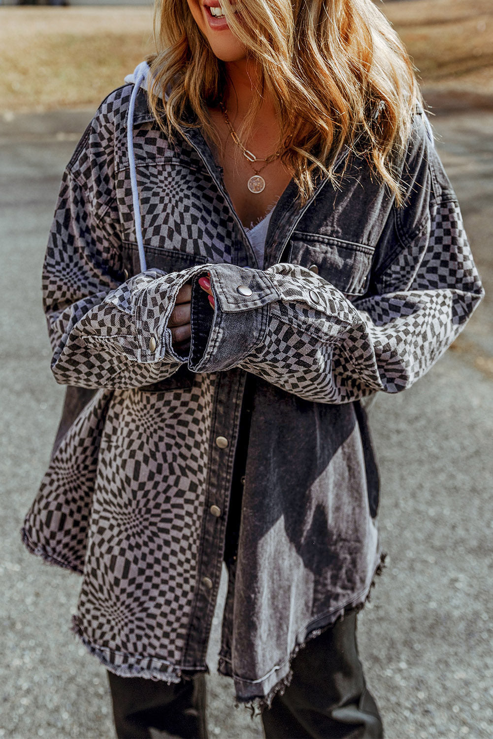 Transform your denim game with our Gray Checked Patchwork Frayed Hem Hooded Denim Shacket! The high waist design adds a touch of sexiness while the paper bag waist brings a feminine and chic look. The mineral wash gives it a fashionable edge, and the fold edge takes it to a whole new level.