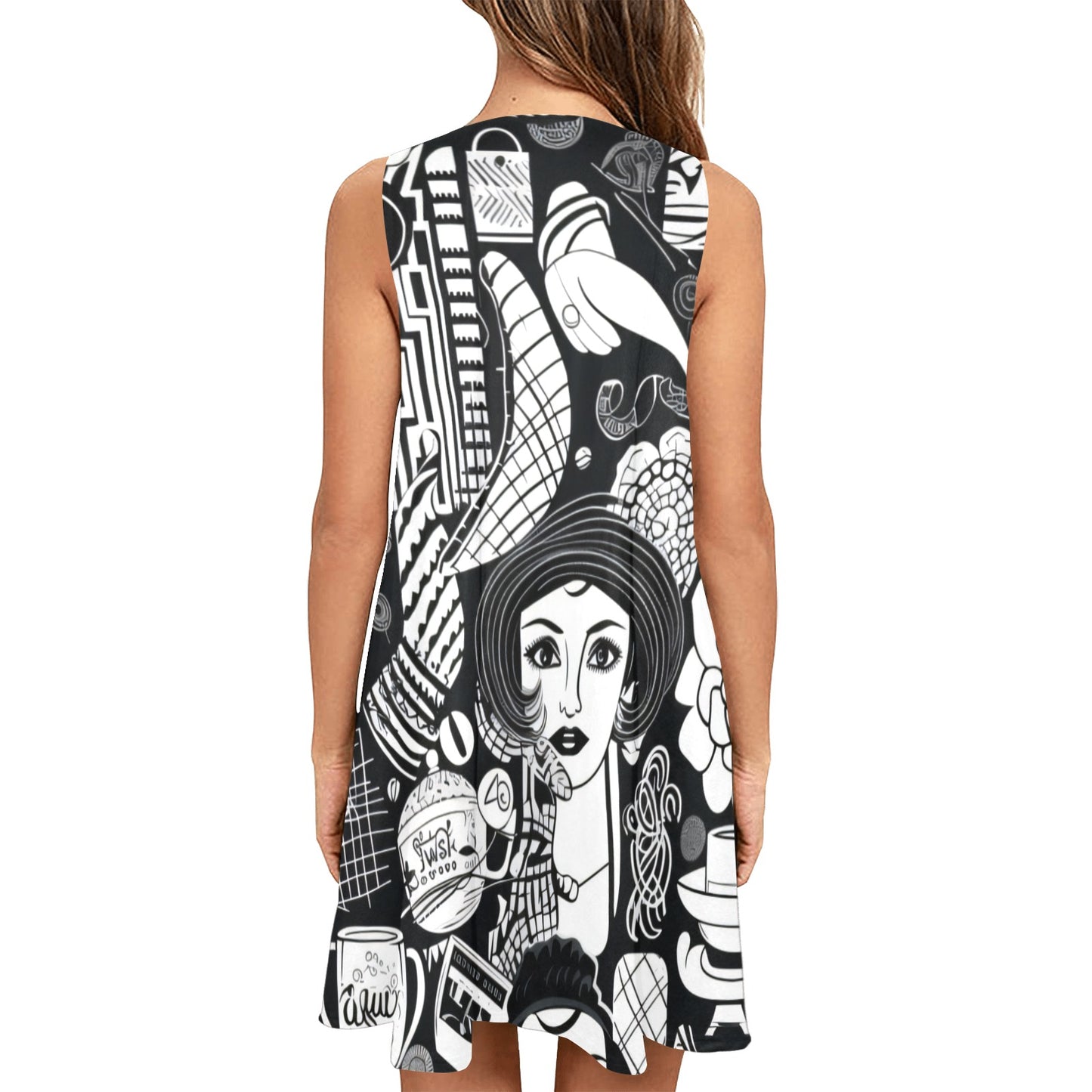 Elevate your summer wardrobe with our Women's Sleeveless Summer Classic A-Line Dress! Designed with a stunning black and white Coco Chanel style print, this dress will make a statement wherever you go. Its A-line silhouette flatters your figure and keeps you cool and comfortable, making it a must-have for any summer outfit. Add a touch of elegance to your wardrobe today!