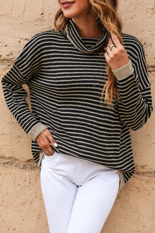 Get cozy with this loose black striped turtleneck sweater! Perfect for chilly days, it is both stylish and comfortable. The turtleneck adds warmth, while the loose fit provides a relaxed and effortless look. Pair it with your favorite jeans for a casual yet chic outfit.