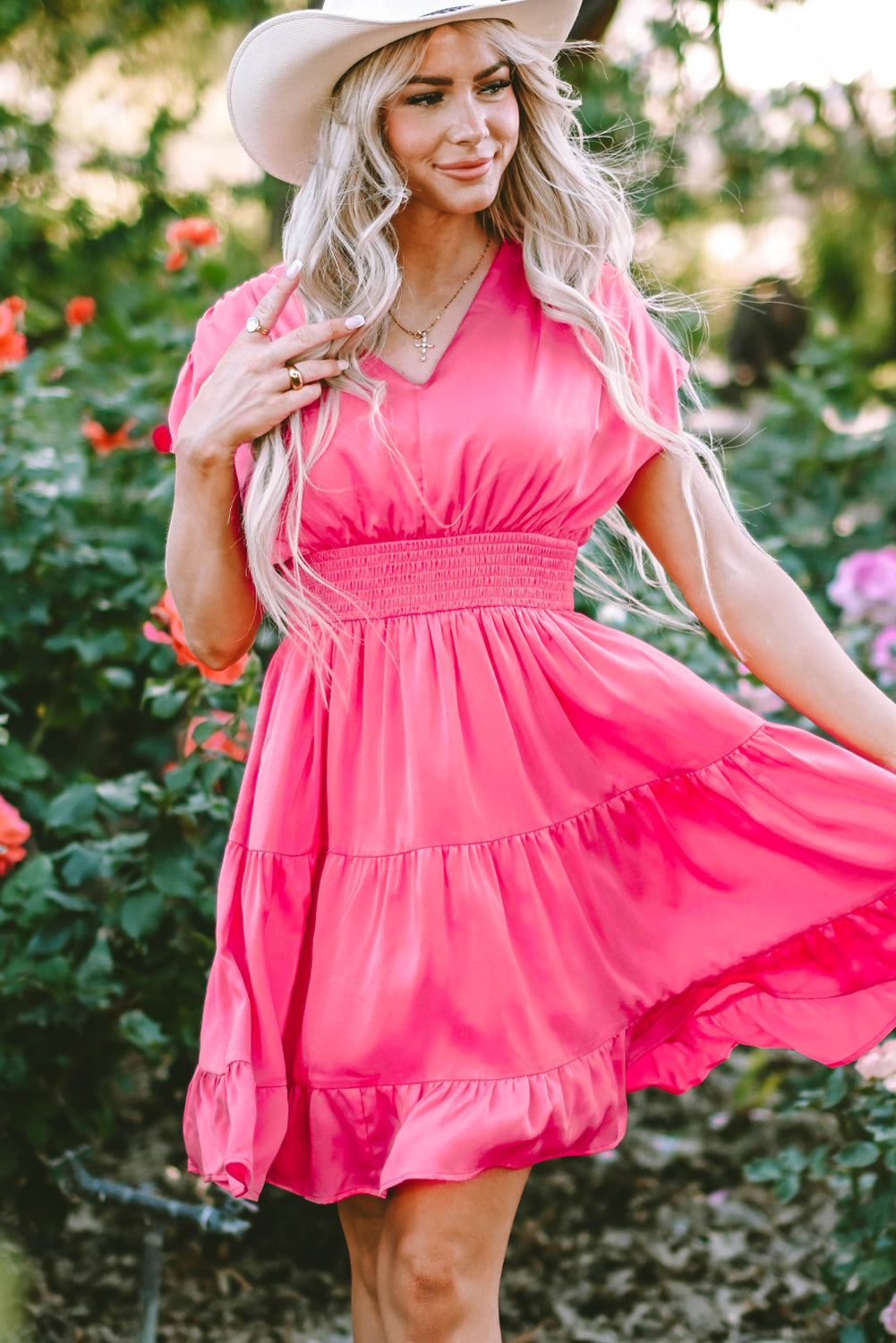 Strawberry Pink V-Neck Ruffled Midi Dress